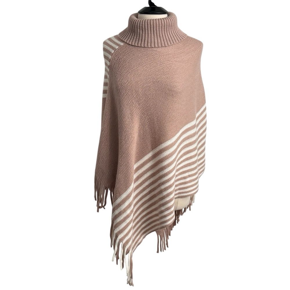 Women's Asymmetrical Pink and White Striped Cowl-Neck Fringe Poncho Sweater,‎ OS